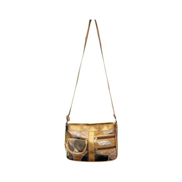 Lambskin Leather Shoulder Bag Patches Gold Bronze Metallic Crossbody Handbag EUC - Picture 9 of 10